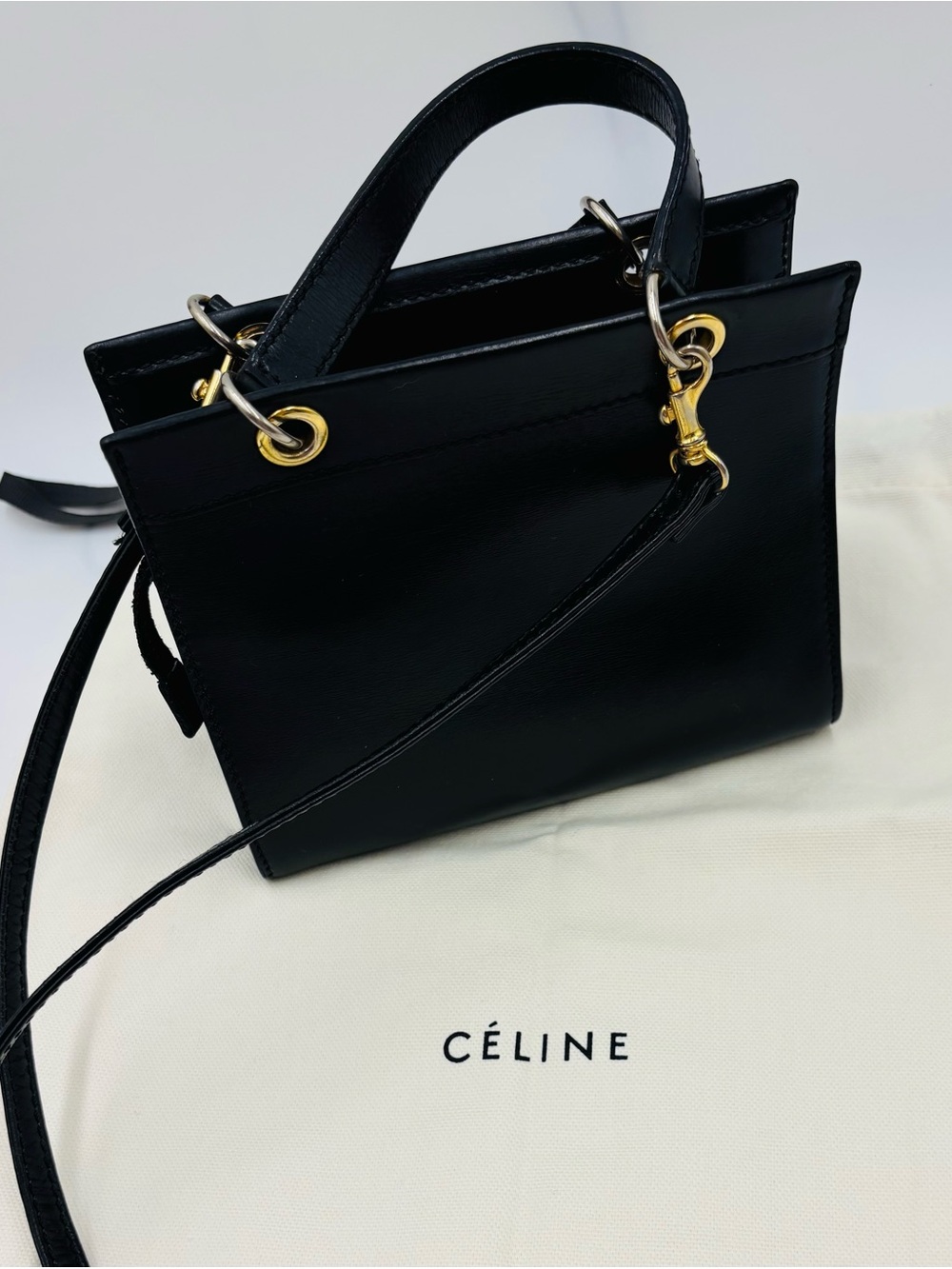 Vintage Celine Black Leather Crossbody Mini Bag with Gold Hardware - Picture 2 of 16